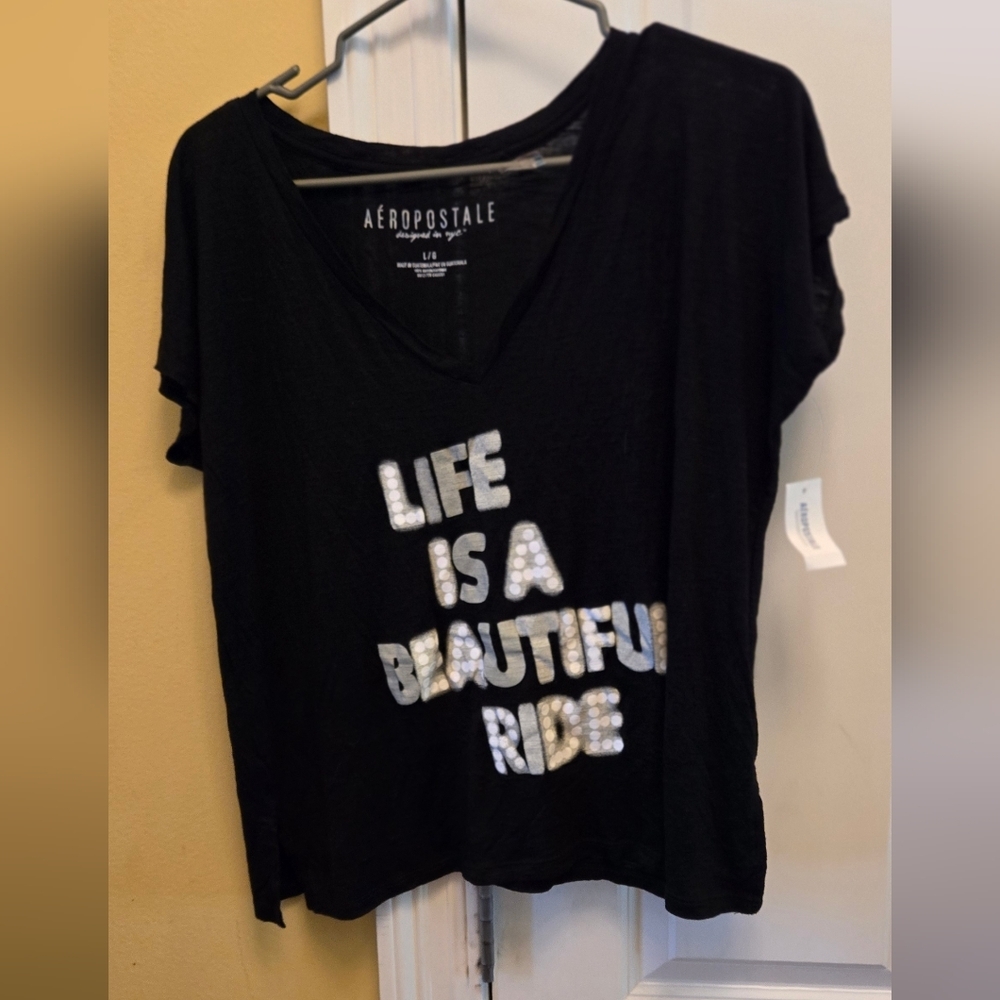 Aeropostale Womens Y2K Black Graphic Short Sleeve Tee "Life Is A Beautiful Ride